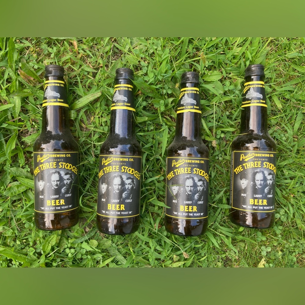 The Three Stooges empty beer bottles from the 1990s - 4 bottles, no caps